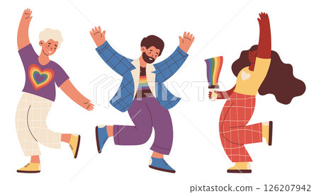 Happy LGBTQ community. Diverse People Gay and lesbians Dancing set. Pride Month. Fun holiday. Isolate Vector Illustration for Design, social media, unity and equal love 126207942