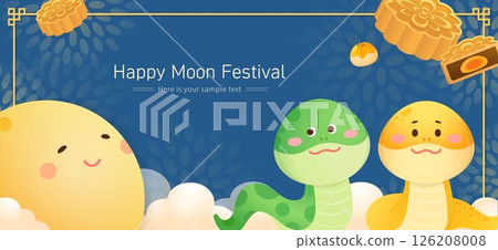 中秋節的邊框海報,蛇與月夜與月亮與月餅 126208008