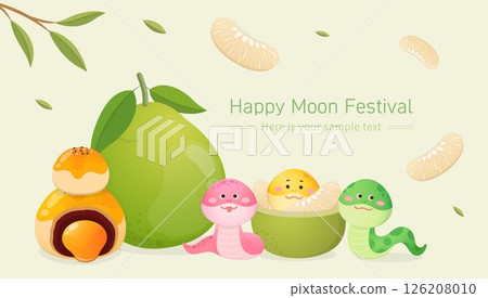 Pomelo and pulp, moon cake and egg yolk, delicious traditional Chinese dessert, vector illustration poster 126208010