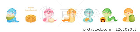 中國中秋節向量插畫,月餅與柚與蛇的吉祥物集 126208015