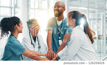 Hands stack, doctors and people in hospital, smile and support with team building. Group, medical and professional in clinic, gesture and celebration for research funding, healthcare and motivation 126208026