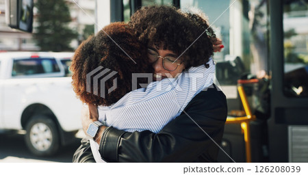 Couple, hug and bus stop for travel in city for greeting, reunion and goodbye on journey for visit. People, passenger and embrace for commute with public transport, parting gesture and farewell trip Couple, hug and bus stop for travel in city for greeting, reunion and goodbye on journey for visit. People, passenger and embrace for commute with public transport, parting gesture and farewell trip 126208039