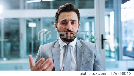 Business, video call and man in workplace speaking and online meeting with presentation for budget. Person, feedback or financial advice in office, trading expert or virtual seminar for investment Business, video call and man in workplace speaking and online meeting with presentation for budget. Person, feedback or financial advice in office, trading expert or virtual seminar for investment 126208040