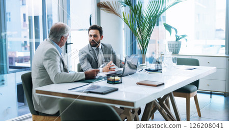 Business men, laptop and team discussion in office, planning or brainstorming insurance strategy with paper. Computer, meeting and conversation with boss for report, risk management and explain idea Business men, laptop and team discussion in office, planning or brainstorming insurance strategy with paper. Computer, meeting and conversation with boss for report, risk management and explain idea 126208041