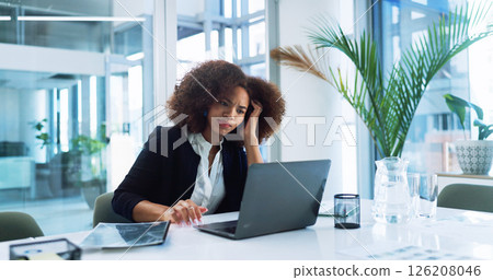 Stress, laptop and businesswoman in office with fatigue, burnout or exhaustion with finance report deadline. Computer, frustrated and female financial advisor with confusion for client investment. 126208046