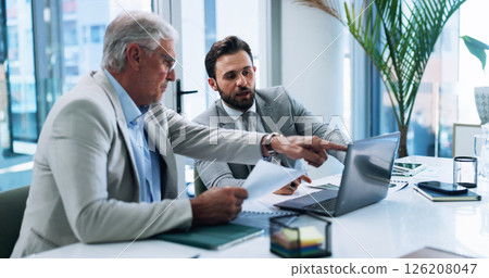 Business men, laptop and team planning in office for discussion and insurance training with paper. Computer, meeting and conversation with boss for report, risk management and explain idea for policy 126208047
