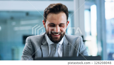 Happy, accountant or businessman on laptop for budget savings, risk assessment or research. Financial management, review or investment banker with technology for accounting, taxes or profit growth 126208048