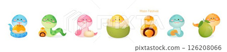 Mooncake and pomelo, set of expressions and portraits of the snake in the Chinese zodiac 126208066