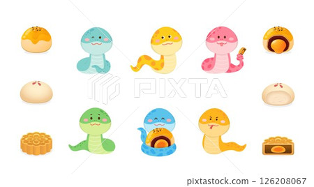 一組蛇的腳色的表情肖像集,中秋節的傳統甜食 126208067