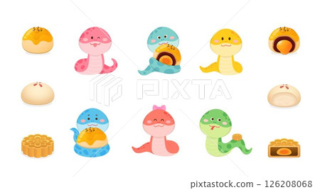 Chinese Mid-Autumn Festival material set, portraits and close-ups of snakes and mooncakes, vector illustration 126208068