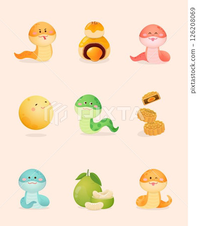 Vector illustration set of moon, snake, moon cake and pomelo, Mid-Autumn Festival elements Vector illustration set of moon, snake, moon cake and pomelo, Mid-Autumn Festival elements 126208069