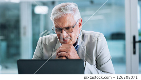 Laptop, smile and thinking with business man in office for corporate administration or problem solving. Ideas, planning and solution with mature professional working on computer for management 126208071