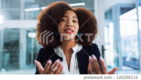 Business, video call and woman with pov, conversation or online meeting with presentation for onboarding. African person, employee or professional with webinar, talk or virtual seminar for investment 126208118