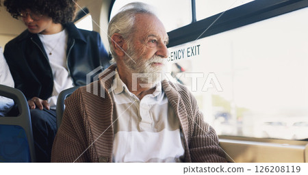 Old man, thinking and travel on bus ride to destination for public transport, holiday and vacation. Memory, adventure or elderly tourist by window in city transportation for retirement and explore 126208119