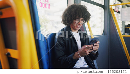 Cellphone, smile and man on bus online for checking university exam results on mobile app with travel. Phone, college and male student reading acceptance email on public transportation in city. 126208151