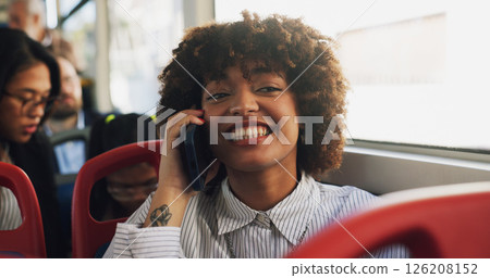 Phone call, smile and woman on bus for travel with communication, networking or contact for university. Cellphone, happy and student on mobile conversation for college results on public transport. 126208152
