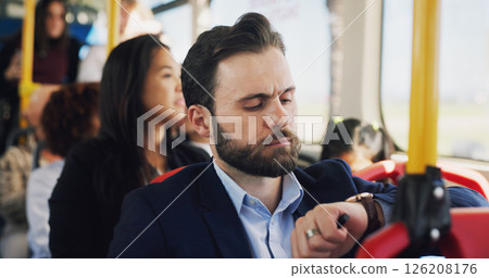 Businessman, bus and checking watch with time for late travel, delay or local commute in city. Man, traveler or deadline with wristwatch in public transport or vehicle for schedule or appointment Businessman, bus and checking watch with time for late travel, delay or local commute in city. Man, traveler or deadline with wristwatch in public transport or vehicle for schedule or appointment 126208176