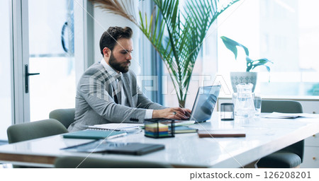 Audit, accountant or businessman with laptop for company savings, risk assessment or research. Financial management, review or investment banker with budget for accounting, taxes and profit growth 126208201