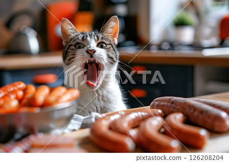 Cat wants to eat human food from the kitchen table. Hungry cat licking with tongue. Care for pets. Funny cat. Feline asks for food. The pet wants to steal the sausage from the plate. Appetite, feeding 126208204