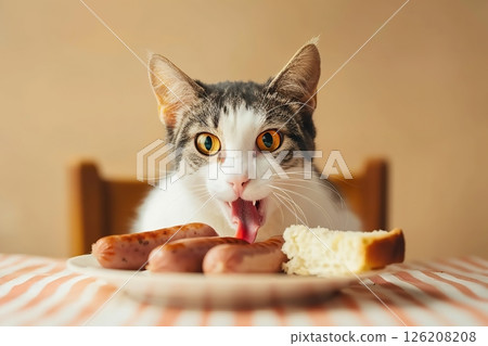 Cat wants to eat human food from the kitchen table. Hungry cat licking with tongue. Care for pets. Funny cat. Feline asks for food. The pet wants to steal the sausage from the plate. Appetite, feeding 126208208