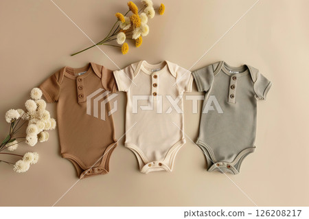 Baby onesie set on a beige background. Fashion newborn clothes. Flat lay, top view. Baby kids soft clothing made from organic cotton. Infant trendy bodysuit natural colors, earth tones. Gender neutral 126208217