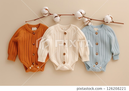 Baby onesie set on a beige background. Fashion newborn clothes. Flat lay, top view. Baby kids soft clothing made from organic cotton. Infant trendy bodysuit natural colors, earth tones. Gender neutral 126208221