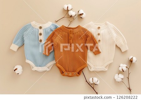 Baby onesie set on a beige background. Fashion newborn clothes. Flat lay, top view. Baby kids soft clothing made from organic cotton. Infant trendy bodysuit natural colors, earth tones. Gender neutral 126208222