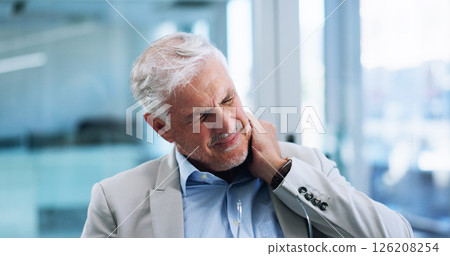 Tired, neck pain and stress with business man in office for deadline anxiety, muscle strain and burnout. Fatigue, fibromyalgia or debt with mature employee for shoulder injury, overworked or tension Tired, neck pain and stress with business man in office for deadline anxiety, muscle strain and burnout. Fatigue, fibromyalgia or debt with mature employee for shoulder injury, overworked or tension 126208254