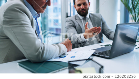 Business men, laptop and team meeting for planning, brainstorming and discussion with investment stats. Computer, office and conversation with manager for chart, finance metrics and hands with data 126208256