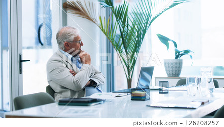 Business, laptop and problem solving with mature man in office for corporate administration or solution. Computer, ideas and thinking with professional employee at work for management or planning 126208257