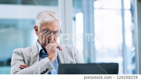 Business, ideas and laptop with mature man in office for corporate administration or problem solving. Planning, solution and thinking with professional employee working on computer for management 126208259
