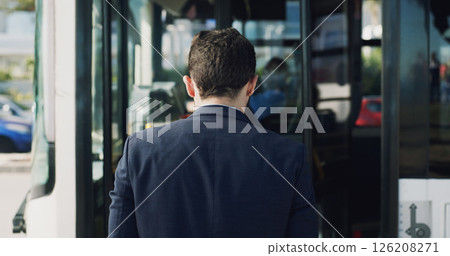 Back, bus stop and man with entrance, travel and boarding station with public transportation. Enter, city service or passenger with vehicle trip, morning commute or urban town with journey or routine 126208271