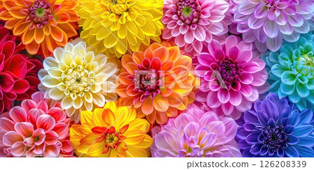 Flowers composition background. Flat lay Top view. Border frame made of magenta, yellow, blue, red dahlia. Vivid saturated multicolored flowerheads. Beautiful backdrop design. Floral assorted dahlias Flowers composition background. Flat lay Top view. Border frame made of magenta, yellow, blue, red dahlia. Vivid saturated multicolored flowerheads. Beautiful backdrop design. Floral assorted dahlias 126208339
