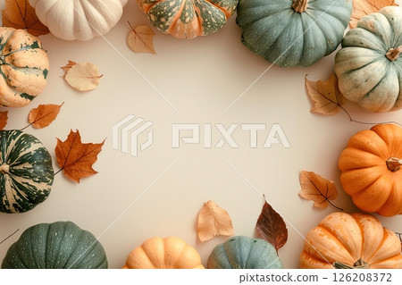 Creative Top view autumn composition. Different pumpkins, colorful leaves on a beige background. Template fall harvest thanksgiving, anniversary invitation card. Halloween flat lay. Horizontal Banner 126208372