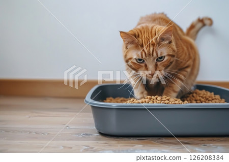 Adorable grey cat sitting near a litter box indoors. Pet care. Domestic ginger Cat looking at litterbox in a living room. Hygiene for pets. Feline wants to go to the toilet. Accustoming to the toilet 126208384
