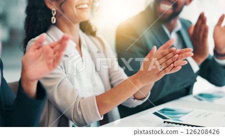 Business people, hands and applause in celebration, achievement or negotiation success at office. Employees, team announcement or group clapping for partnership, proposal or contract goal winner Business people, hands and applause in celebration, achievement or negotiation success at office. Employees, team announcement or group clapping for partnership, proposal or contract goal winner 126208426
