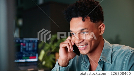 Phone call, contact and man in office with trading at night for client investment account. Technology, happy and male financial analyst with communication for stock market risk analysis in workplace. Phone call, contact and man in office with trading at night for client investment account. Technology, happy and male financial analyst with communication for stock market risk analysis in workplace. 126208460