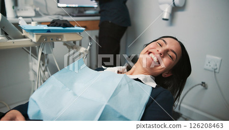 Happy woman, portrait or patient in dental clinic for checkup, veneers or medical procedure. Appointment, smile or person waiting in oral exam for dentistry, teeth whitening or cosmetics treatment 126208463