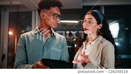 Business, employees and tablet with discussion in office for investment news, explain currency price or market analysis. Trader, people or overtime team with digital app for trading deadline at night 126208516