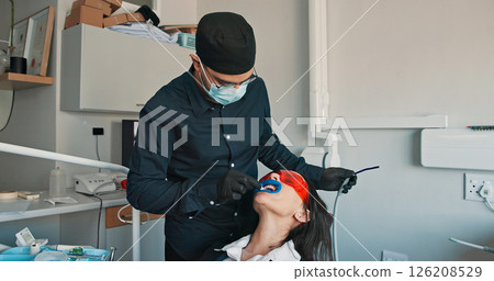 Cleaning, medical procedure and patient with dentist in office for checkup or mouth operation. Healthcare, hygiene or oral appointment with dental professional and woman at clinic for dentistry 126208529