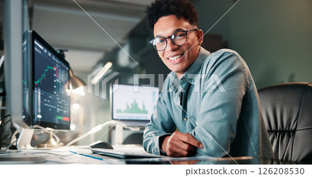 Man, trading and computer with portrait for charts, smile for review, typing or monitor for stocks at office. Person, happy and crypto investor at night by screen, value or market stats in Colombia Man, trading and computer with portrait for charts, smile for review, typing or monitor for stocks at office. Person, happy and crypto investor at night by screen, value or market stats in Colombia 126208530