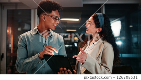 Business, employees and tablet in office at night for investment profit, exchange rate and stocks research. Trader, teamwork and overtime with digital app for trading deadline and economic update 126208531