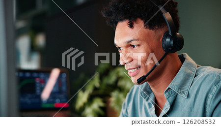Trading call center, smile or man on computer for customer service, investment advice and market insight. Contact us, advisor and broker with client query for financial news, assistance and charts 126208532