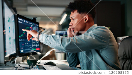Phone call, computer screen and man in office with trading at night for client investment account. Technology, communication and male financial analyst with stock market risk analysis in workplace. Phone call, computer screen and man in office with trading at night for client investment account. Technology, communication and male financial analyst with stock market risk analysis in workplace. 126208555