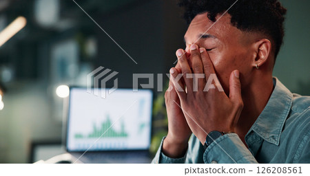 Trading, man and pain of headache in office for stock market crash, bad investment and overwhelmed by deadline. Night, trader and tension migraine with burnout, mental health and fatigue for overtime 126208561