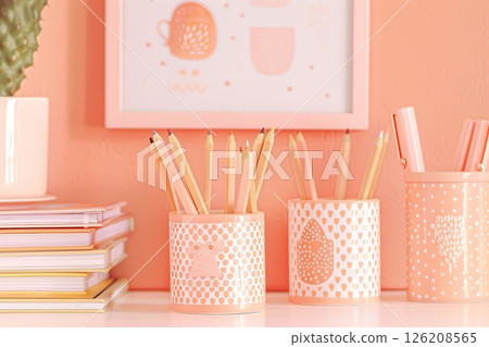 Peach color wall and home office desk with supplies, pencils, pens, boxes, plant pot. Creative stylish minimal workspace. Contemporary flat white work tabletop for product display montage. Blank space 126208565