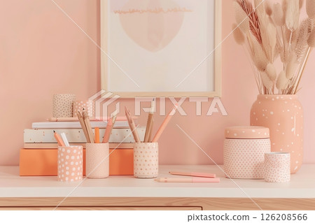 Peach color wall and home office desk with supplies, pencils, pens, boxes, plant pot. Creative stylish minimal workspace. Contemporary flat white work tabletop for product display montage. Blank space 126208566