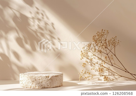 Podium for Cosmetic Product Presentation Show. Abstract Minimal Geometric Sphere. Cylinder One Form, Hard Shadow. Showcase Display Case Scene Stand. Trendy Grey Color Backdrop, Pampas Grass Dry Reed 126208568