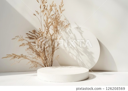 Podium for Cosmetic Product Presentation Show. Abstract Minimal Geometric Sphere. Cylinder One Form, Hard Shadow. Showcase Display Case Scene Stand. Trendy Grey Color Backdrop, Pampas Grass Dry Reed Podium for Cosmetic Product Presentation Show. Abstract Minimal Geometric Sphere. Cylinder One Form, Hard Shadow. Showcase Display Case Scene Stand. Trendy Grey Color Backdrop, Pampas Grass Dry Reed 126208569