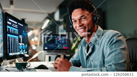 Trading support, portrait or man on computer for customer service, investment advice and market insight. Contact us, call center and happy broker with query for financial news, assistance and data Trading support, portrait or man on computer for customer service, investment advice and market insight. Contact us, call center and happy broker with query for financial news, assistance and data 126208631